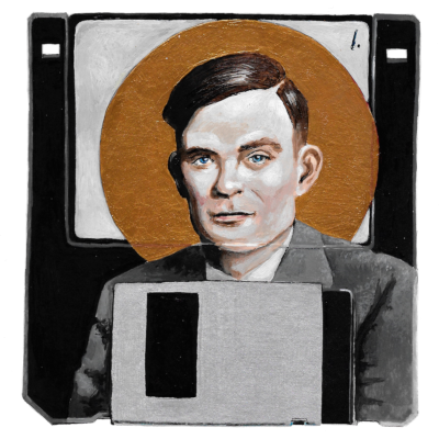 Looking For Satellites (Portrait of Saint Turing), 2023, Acrylic on Paper, 6 by 6 Inches
