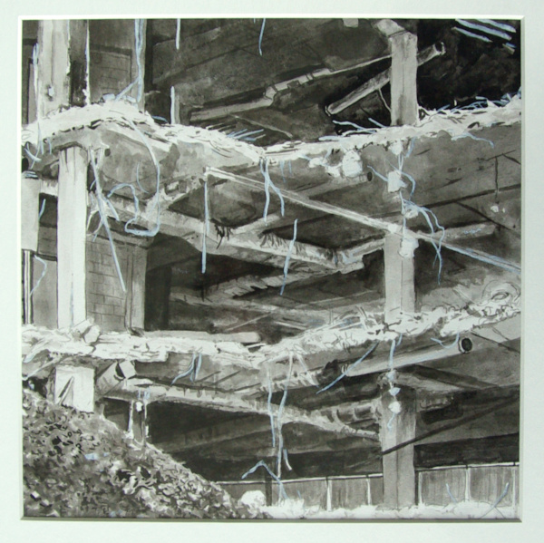 Meet Me Out By The Fire Escape (Deconstruction Time Again 1), 2024, Ink on Paper, 10 by 10 Inches