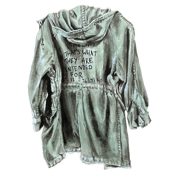 Battle Jacket (Molotov Cocktail's the Local Drink), Fortunate Sons 3, 2024, Ink on Paper, 14 by 11 Inches