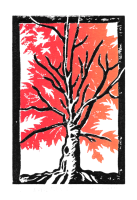 Maple Close Number 1 (A Tree Made From Information), 2022, Linocut Print, Ink on Paper, 5 by 7 Inches
