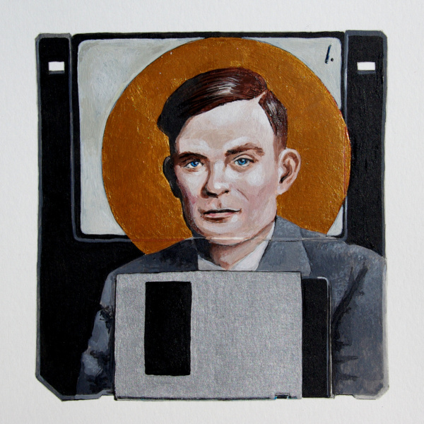 Looking For Satellites (Portrait of Saint Turing), 2023, Acrylic on Paper, 6 by 6 Inches